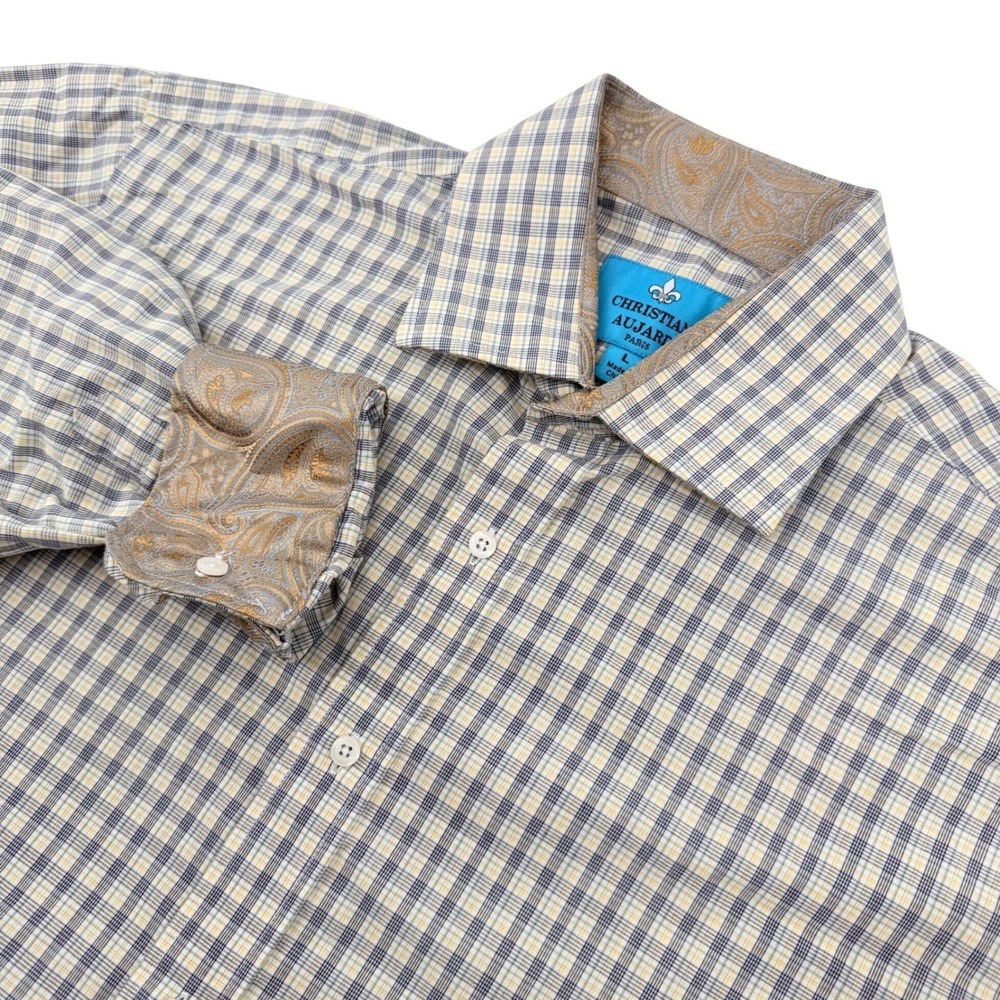 Christian Aujard Button Down Shirt Mens L Blue Yellow‎ Plaid Paisley Flip Cuff
